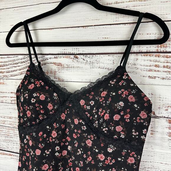 Womens Y2K No Boundaries Black Ditsy Floral Mesh Lace Cami Mini Dress Fairy Sz M - Picture 1 of 7